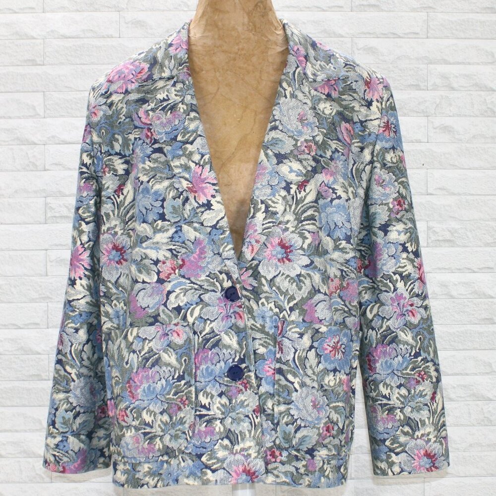 VINTAGE Blazer Jacket Floral Tapestry Look Woven Muted Woven Office Blue Medium